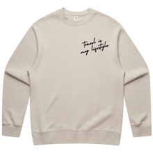 Load image into Gallery viewer, Travel Is My Lifestyle 3D embroidered sweatshirt, ivory, WRLDCTZNS streetwear