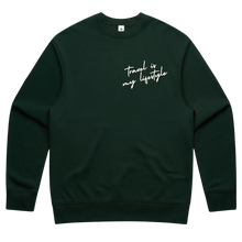 Load image into Gallery viewer, Travel Is My Lifestyle 3D embroidered sweatshirt, pine green, WRLDCTZNS streetwear
